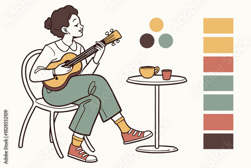 Woman playing ukulele at a cafe illustration