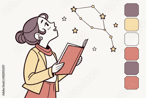 Woman reading a book and looking up at the night sky