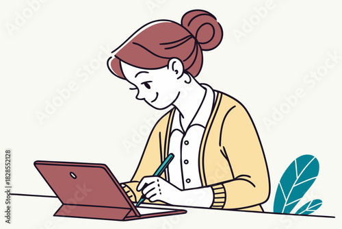 Woman using laptop and writing with pen in a digital illustration