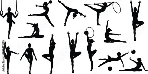 Extensive collection of female black silhouettes depicting gymnastics and rhythmic sport poses with various props like rings, balls, and hoops, emphasizing agility, grace, and flexibility