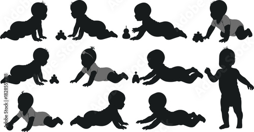 Large collection of black baby silhouettes in various playful crawling and early standing poses, interacting with small toys, illustrating childhood development, learning, and growth stages