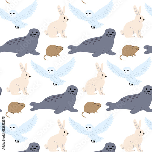 Colorful animal pattern featuring seals, rabbits, and owls on a white background, ideal for children s decor and crafts