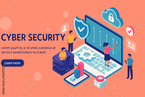 Cyber security concept with characters. Can use for web banner, infographics, hero images. Flat isometric vector illustration isolated on white background.