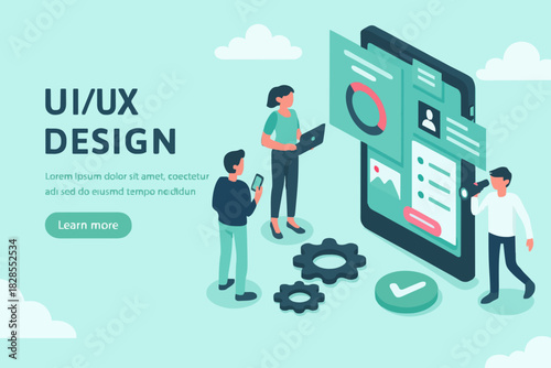 UX / UI design concept with character and text place. Can use for web banner, infographics, hero images. Flat isometric vector illustration isolated on white background.