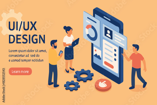 UX / UI design concept with character and text place. Can use for web banner, infographics, hero images. Flat isometric vector illustration isolated on white background.