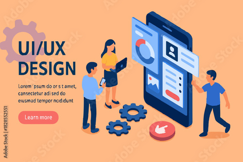 UX / UI design concept with character and text place. Can use for web banner, infographics, hero images. Flat isometric vector illustration isolated on white background.