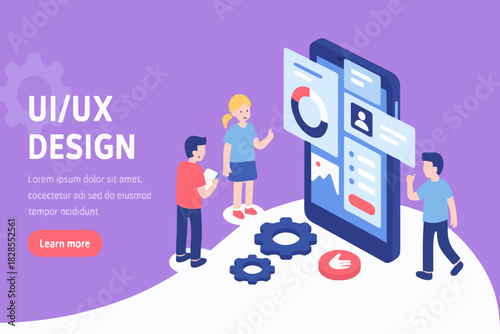 UX / UI design concept with character and text place. Can use for web banner, infographics, hero images. Flat isometric vector illustration isolated on white background.