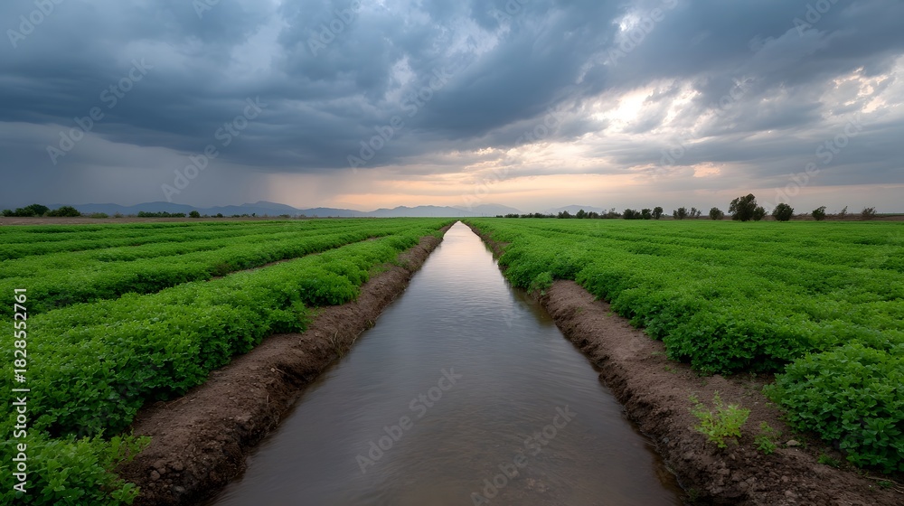 Obraz premium Agricultural irrigation channel under dramatic stormy sky with distant rain showers
