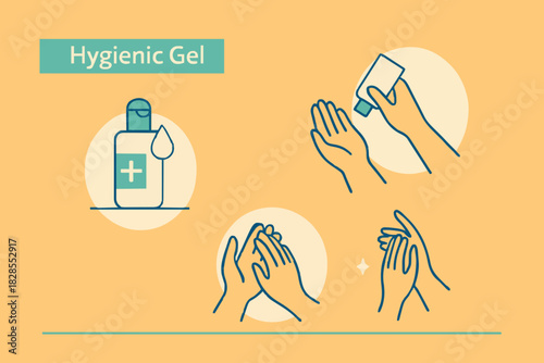 Infographic Steps How to Use Hygienic Gel for Hands Properly. Cleaning Hands with Antiseptic Product. Prevention against Virus, Germs and Infection. Hygiene Concept. Flat Cartoon Vector Illustration.