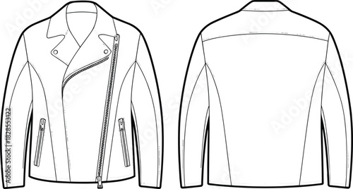 Asymmetrical biker jacket cad drawing flat vector illustration, zippered leather outerwear fashion technical sketch front and back clothing template