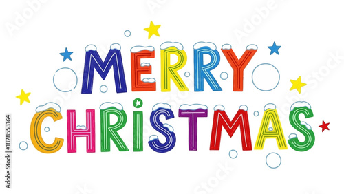 Festive Merry Christmas Text with Snow and Stars.