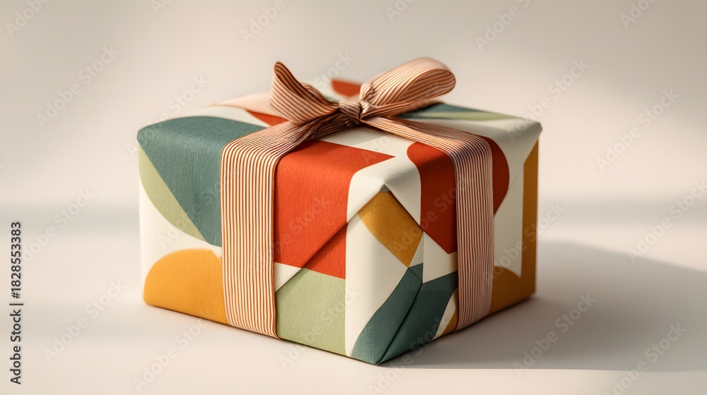 Obraz premium Colorful box with a bow on top of it. The box is decorated with a pattern of squares and circles