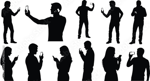 Large collection of black silhouette figures, both male and female, using smartphones for texting, taking selfies, and viewing content, symbolizing modern communication, technology, and social media