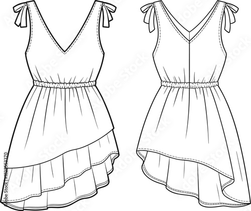 Asymmetrical ruffle hem short summer dress with tie straps, sleeveless design, technical fashion sketch, cad drawing, flat vector illustration
