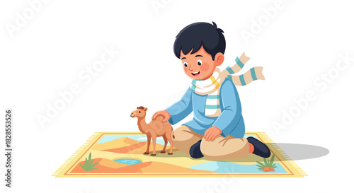 Young boy engaging in imaginative play with toy camel on colorful rug in an