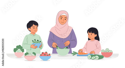 Family Preparing Fresh Vegetables in Modern Kitchen for Healthy Meal