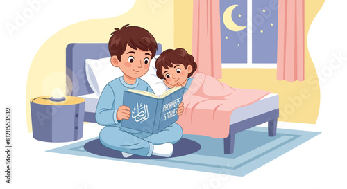 Young brother and sister reading bedtime story together in cozy bedroom at night