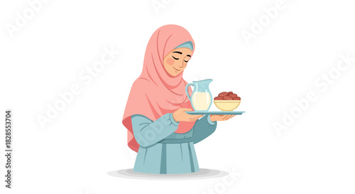 Young woman in hijab serving dessert and beverage with a gentle smile and