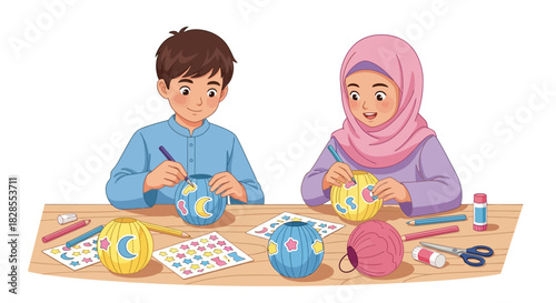 children and a woman engaged in colorful craft activities with paper lanterns