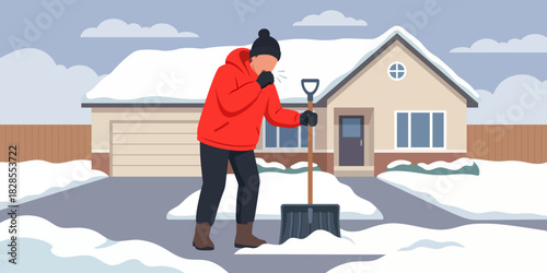 Winter illustration of a person coughing while shoveling snow in front of a house, dressed in a red jacket and winter gear, highlighting cold weather strain and seasonal outdoor chores