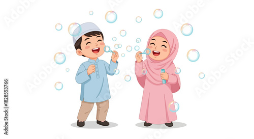 Joyful children enjoying playful bubbles in a cheerful outdoor scene