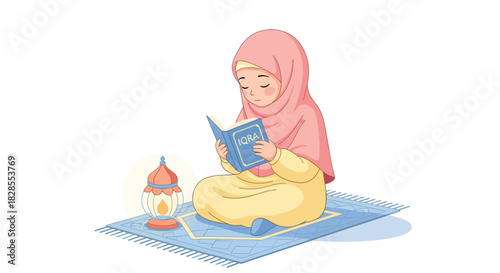 young girl with hijab reading holy book in peaceful indoor setting