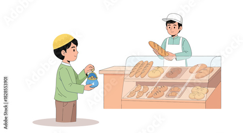 Children purchasing freshly baked bread from a bakery showcase during daytime