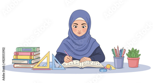 Young woman studying at desk with books and stationery in a cozy home