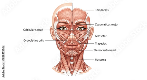 Educational 2D flat diagram illustrating the intricate anatomy of female facial and neck muscles, clearly labeled for scientific study, set against a clean white background.