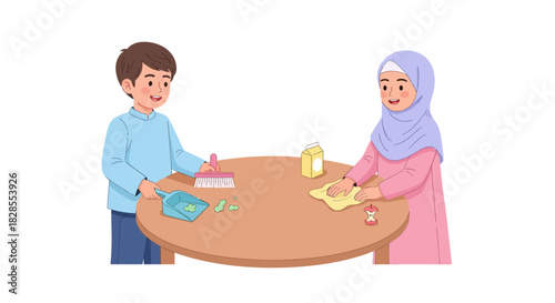 Children Engaged in Playing and Crafting Activities at a Round Table During a