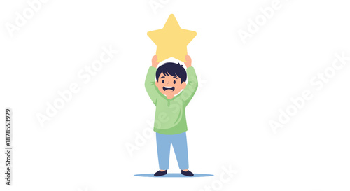 Joyful boy celebrating achievement by holding up a glowing star in bright colors