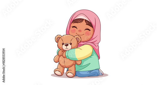 Adorable young girl with pink hijab hugging a cute teddy bear in a joyful and