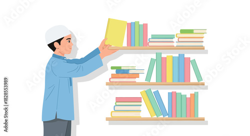 Young boy organizing colorful books on wall-mounted shelves in modern room