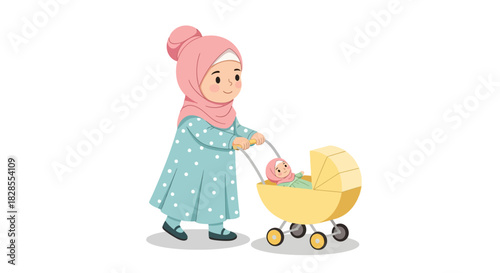 Adorable young girl with pink hijab and polka dot dress pushing a yellow baby