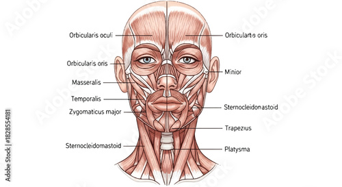Detailed 2D flat anatomical illustration showing the labeled female facial muscles and neck structures on a pristine white background, featuring a unique half-skin view for medical study.