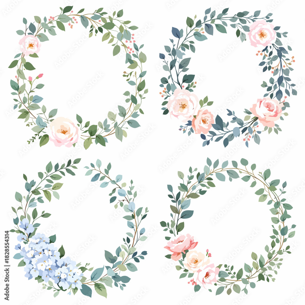 Obraz premium Charming hand-painted floral borders arranged in round compositions for elegant creative projects