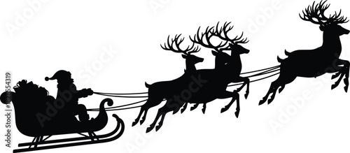 Santa Claus and Flying Reindeer Sleigh Silhouette Vector Icon, Christmas Night Sky Transportation, Holiday Season Graphic Element for Decoration, Cut Files and Design Template