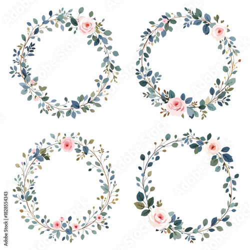 Elegant spring wreath compositions blending blush flowers and muted green foliage in balanced arrangement