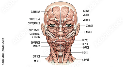 Anatomical 2D flat diagram of female facial and neck muscles, featuring a detailed split view with comprehensive muscle group labeling, isolated on a bright white background.