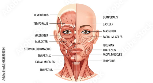 Detailed 2D flat vector illustration of female head and neck muscles, meticulously labeled for educational and medical purposes, presented in a contrasting half-skin view on a white background.