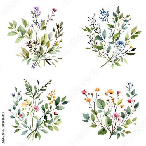 Set watercolor Summer Flowers Clipart, Beautiful floral bouquet illustrations set 