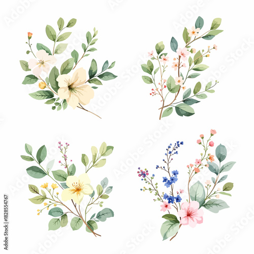 Floral vector background with pink blossoms butterflies and decorative leaves