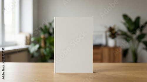Islamic Blank White Book Standing on a Wooden Table, Ideal for Ramadan Reflections and Eid Celebrations