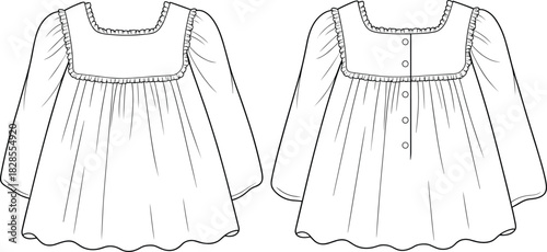 Baby girl dress flat sketch with frill details and back button closure – long sleeve kidswear technical fashion illustration