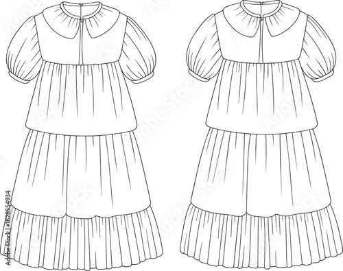 Baby doll dress flat sketch, puff sleeves, pleated bottom design, front and back fashion view, technical vector drawing, template