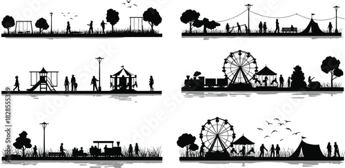 Set of detailed black silhouette scenes illustrating park and fairground activities, featuring playgrounds, carousels, Ferris wheels, and people enjoying outdoor recreation and summer festivals