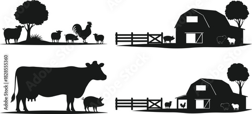 Set of detailed black silhouette scenes illustrating farm life, featuring barns, wooden fences, trees, and various 