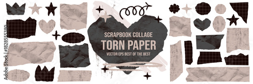 Set tattered paper with rough tear edges and jagged rectangle frame.