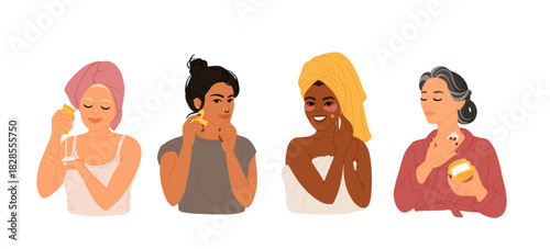 Diverse women applying skincare products to face and neck self-care beauty routine with creams, serum, eye patches and massage tools inclusive facial treatment scene
