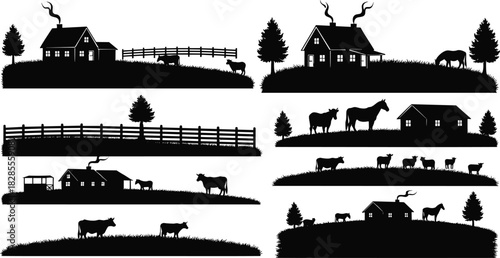 Set of diverse black silhouette scenes illustrating rural farm landscapes, featuring houses, barns, trees, wooden fences, and livestock like cows and horses, symbolizing country life and agriculture